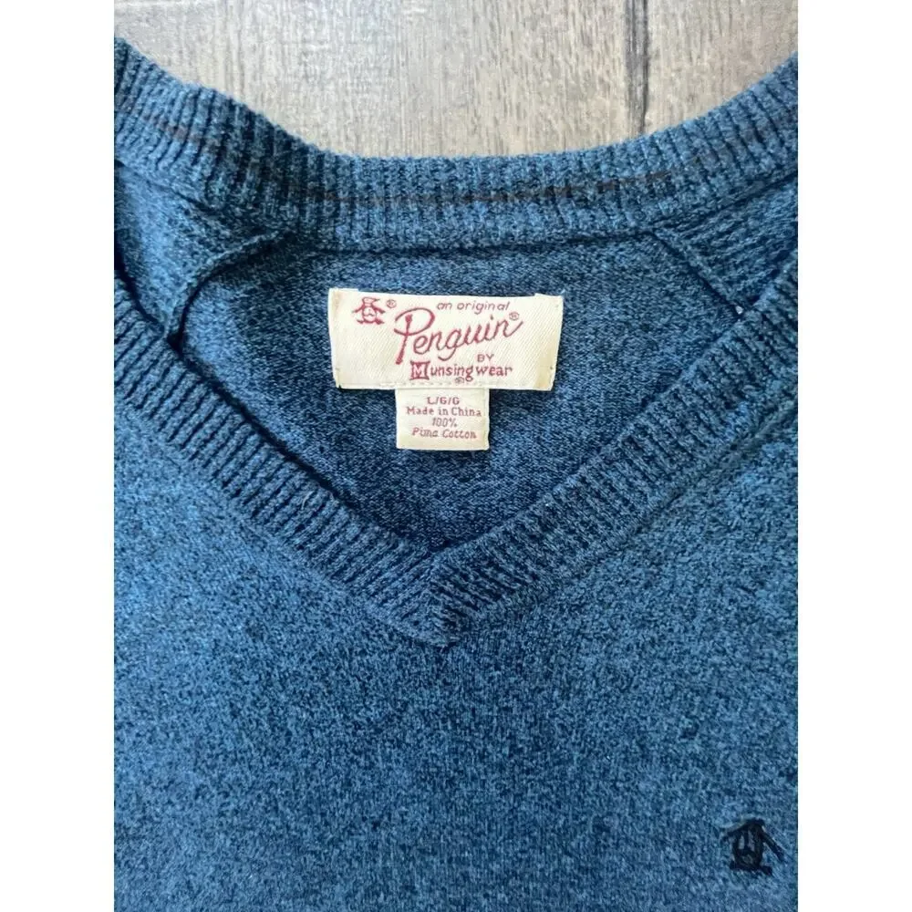 Penguin by Munsingwear Sweater Mens Pullover Blue V Neck 100% Pima Cotton, Large